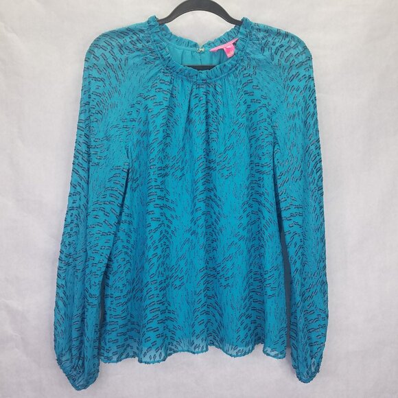 Lilly Pulitzer Caline Blouse Women M Teal Bay Silk Swirl Clip Silver Puff Sleeve - Picture 1 of 16